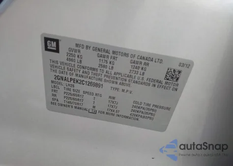 2012 Chevrolet Equinox 2Lt из США, поврежденный, VIN 2GNALPEK2C1269891